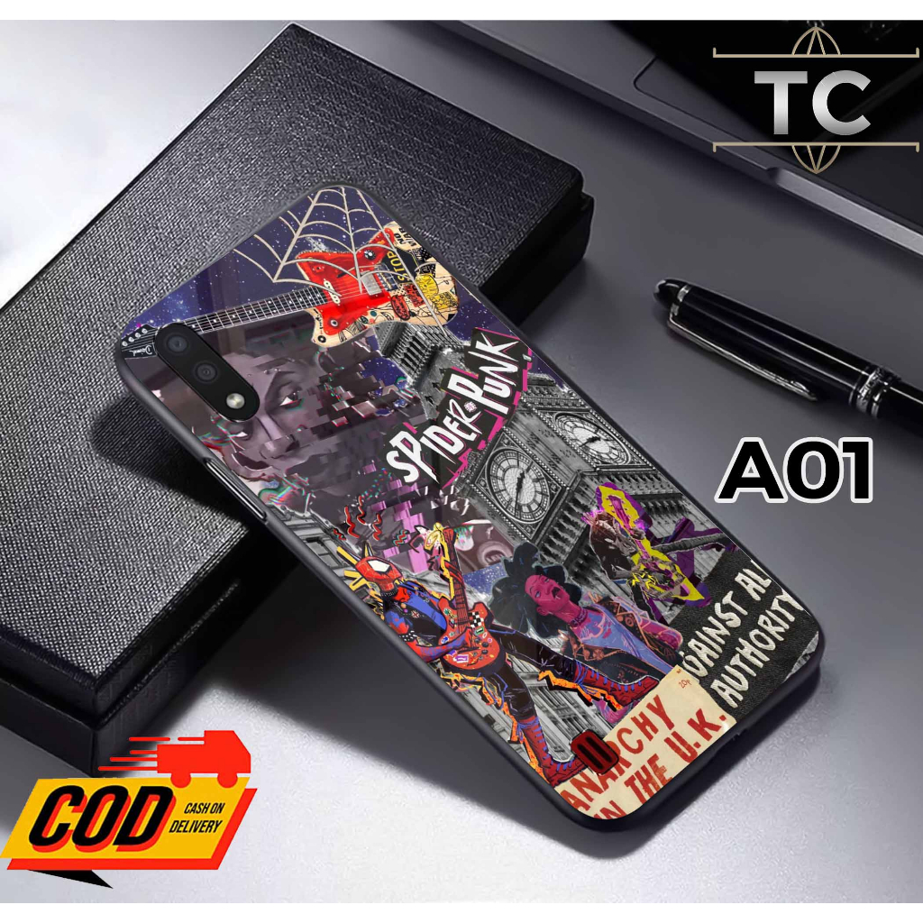 Softcase Glass Kilau glossy Fashion Motif Spiderman Keren- Case Samsung A01 kaca glossy Casing Hp Sa