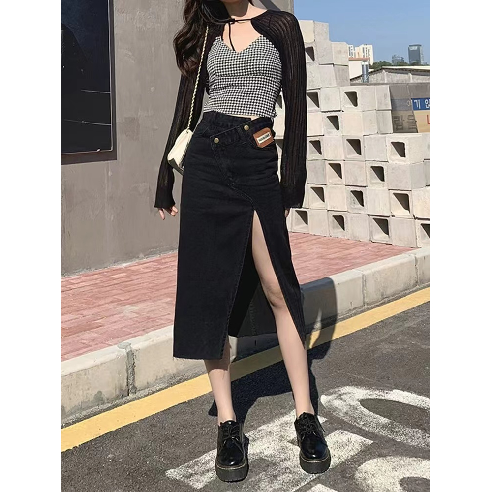 【wanita.id】rok korean style panjang rok jeans panjang rok a line 7/8 rok midi rok denim panjang rok span sma rok belah samping rok daily