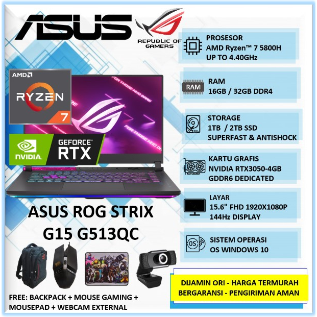 Laptop Gaming Asus ROG Strix G15 G503QC Ryzen 7 5800H 32GB 2TB SSD RTX3050-4GB 15" FHD IPS 144Hz Win