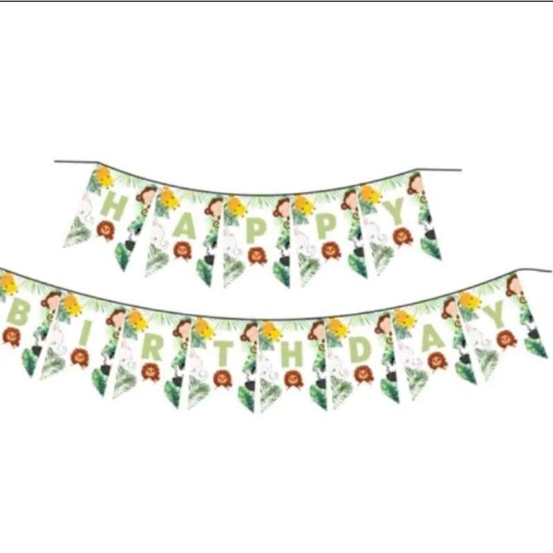 Banner happy birthday tema jungle monkey | bunting flag happy birthday woodland jungle animal | bunt