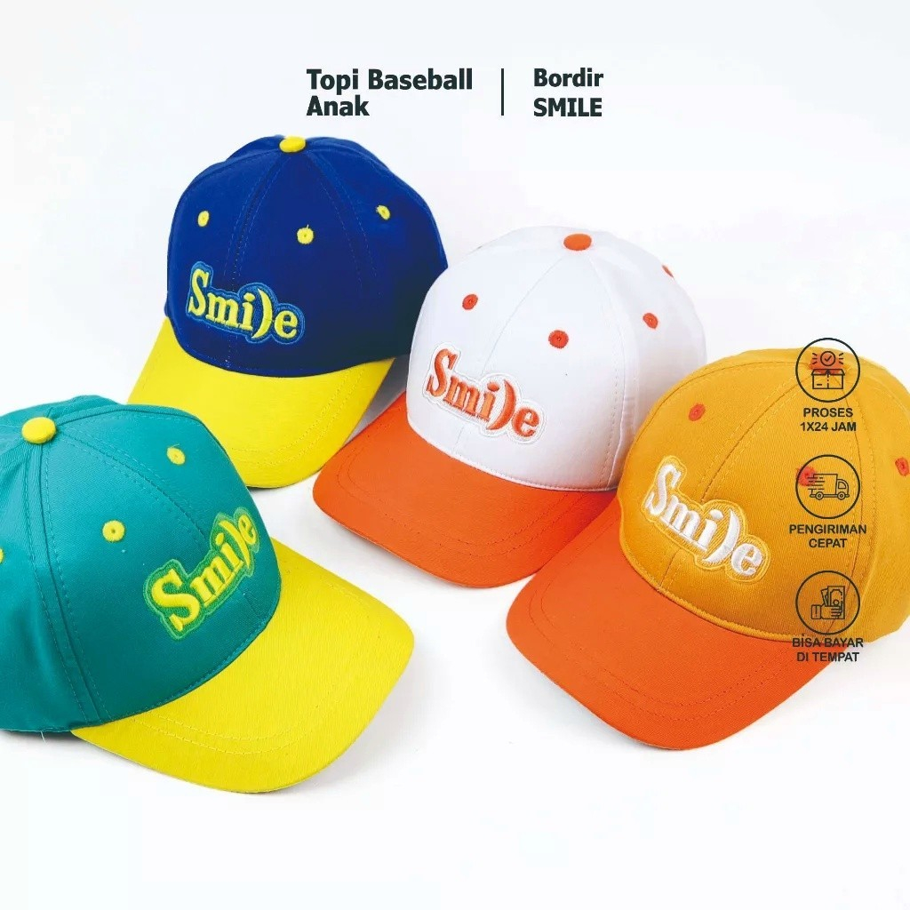 Topi Anak Bordir Smile / Topi Anak Laki Laki Perempuan Usia 1 - 12 Tahun / Topi Anak Lucu