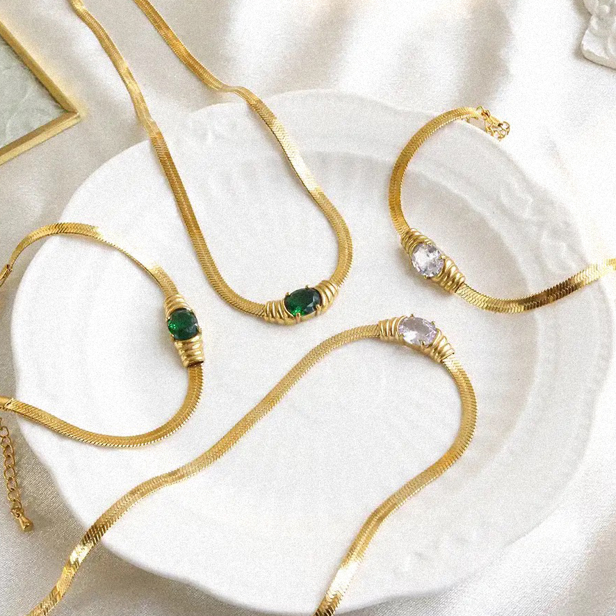 Herringbone Gem Zirconia Necklace Bracelet — 18K Gold Plated Stainless Steel Gelang Anti Karat