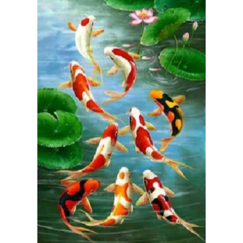 paket kristik ikan koi isi 9 kolam full cross stitch 14ct diy craft dmc sulam silang sulsman