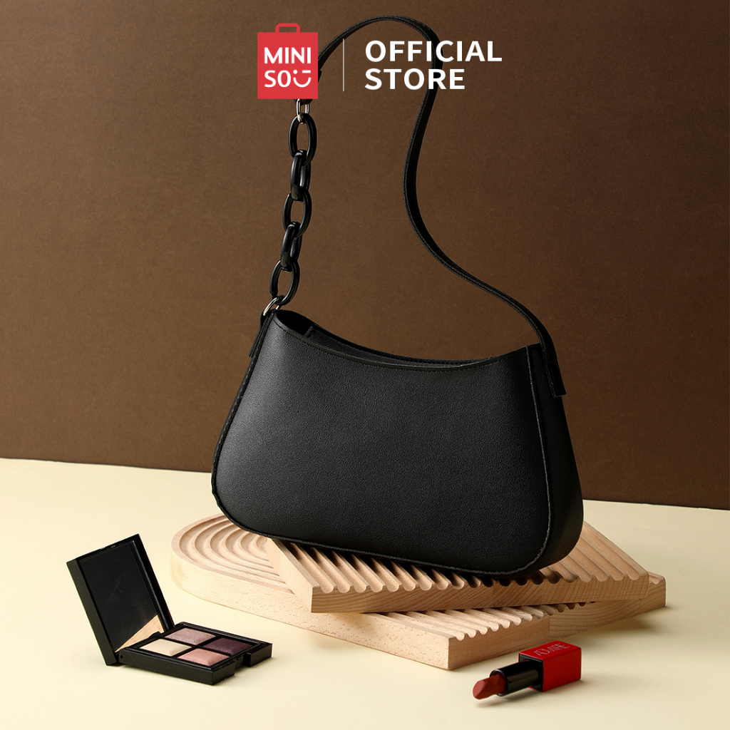 MINISO Tas Wanita Hitam Shoulder Bags Tas Pundak Ritsleting Tali Rantai Fashion Muda Kapasitas Tingg