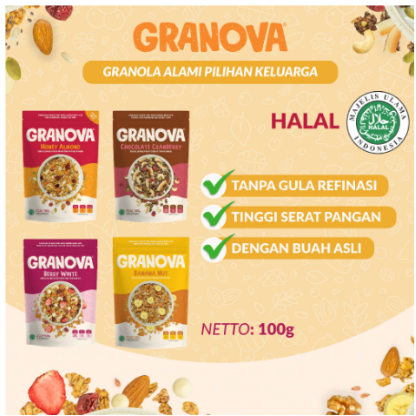 

Granova - Granola 100 gr x 1 pc (Honey Almond, Choco Cranberry, Berry White, Banana Walnut) - Sereal, Sarapan Sehat, Halal