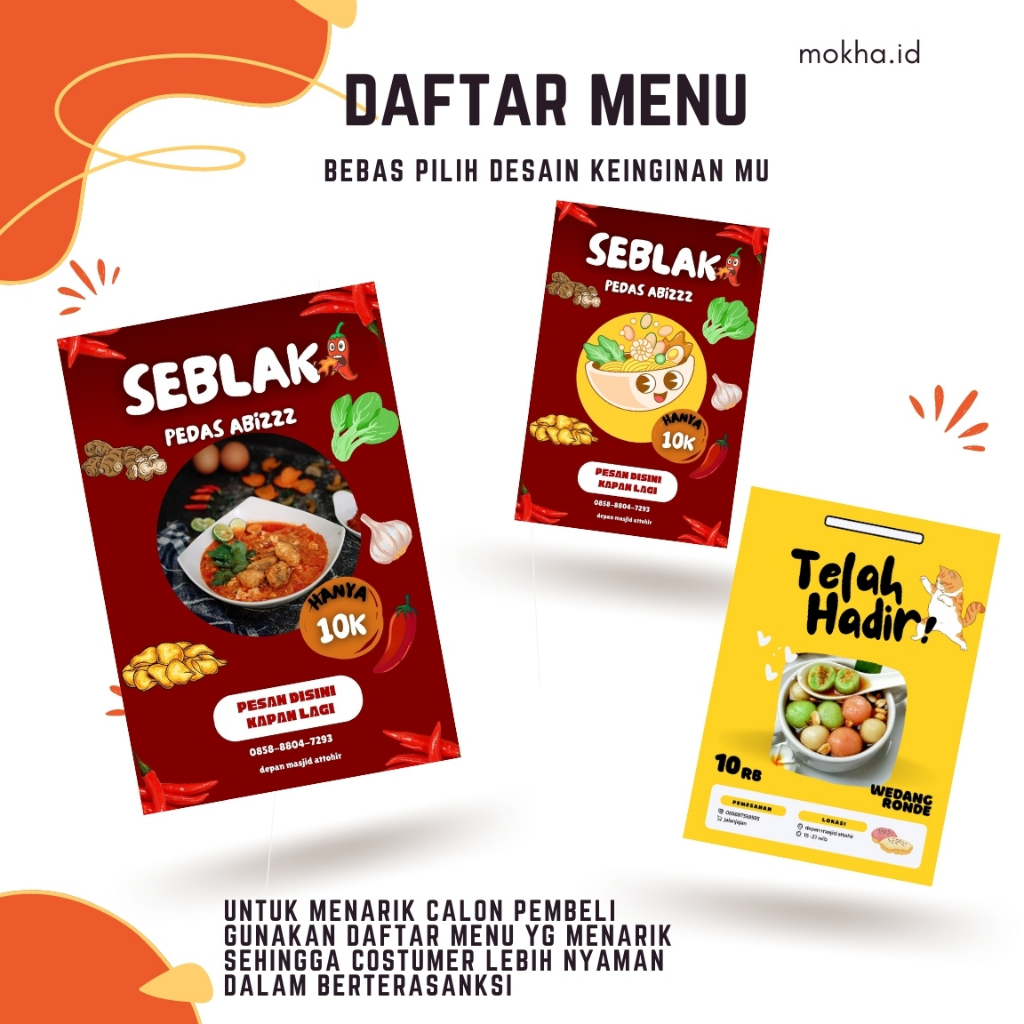 

daftar menu makanan / seblak / pecel ayam / bakso / rumah makan / minuman / jus buah / leker / crepes / soto / martabak / ice cream / es buah / mie gaul / martabak telor / kue pancong / donat / ayam goreng / sate / nasi padang