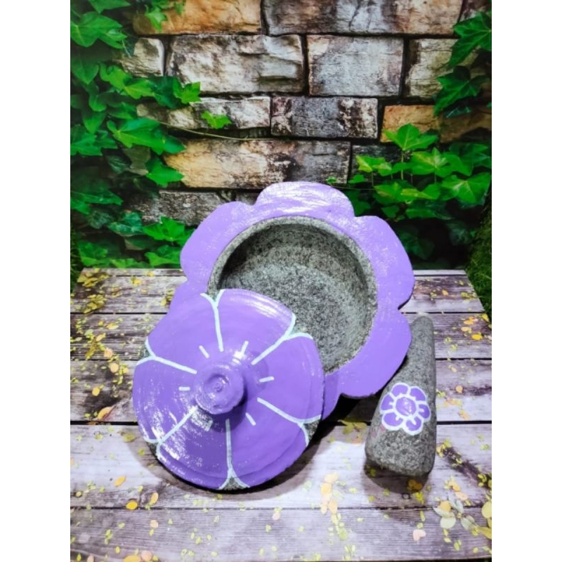 COBEK BATU ASLI / COET BENTUK BUNGA / COBEK BATU ALAM diameter 22 cm(100% dijamin asli batu alam)