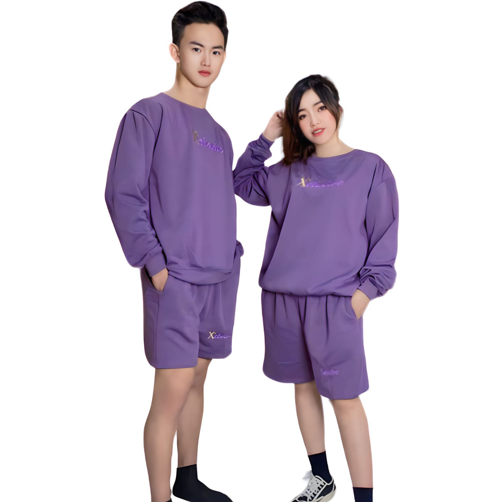 SETELAN FLEACE SWEATER COWOK CEWEK SWEATER LENGAN PANJANG BORDIR CELANA PENDEK NINA