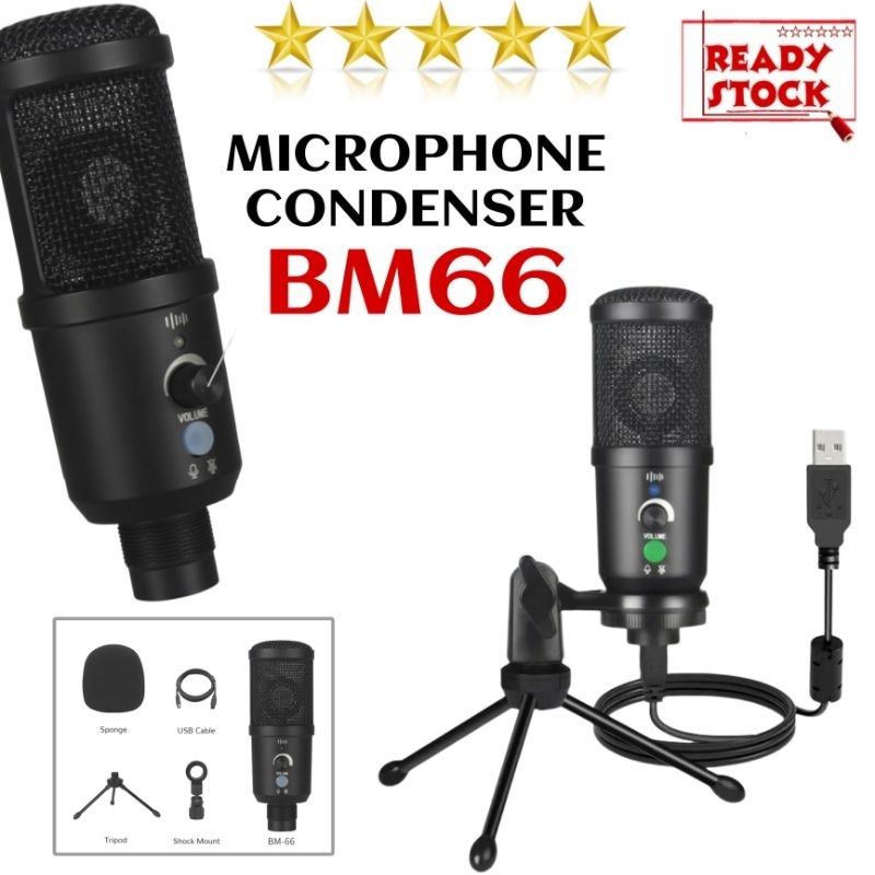 BM66 Microphone condenser USB with stand tripod dan Busa mic pop filter profesional studio mic