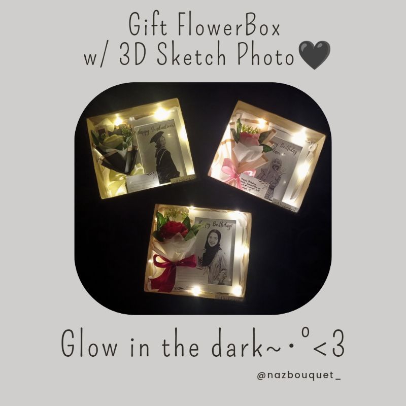 

GIFT FLOWER BOX / HAMPERS BOUQUET + 3D SKETCH PHOTO DENGAN LAMPU LED