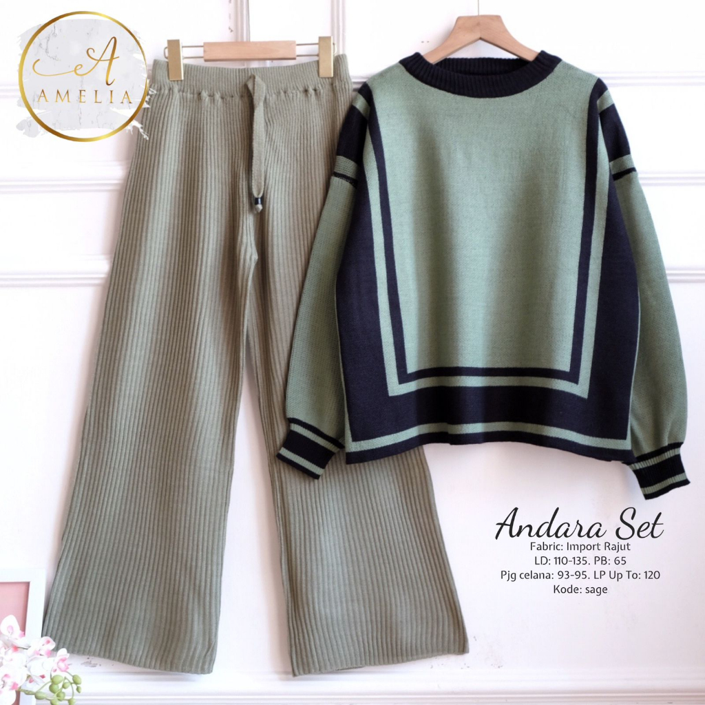 ANDARA SET RAJUT IMPORT TEBAL PREMIUM ORIGINAL BY AMELIA ONESET BLOUSE DAN CELANA KULOT SETCEL JUMBO