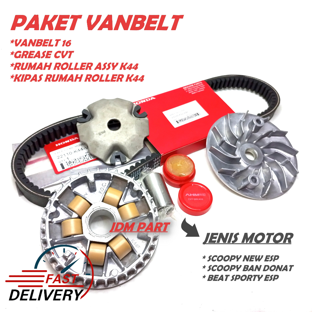 PAKET VANBELT ONLY K16 + RUMAH ROLLER ASSY K44 + KIPAS K44 + GEMUK HONDA/ SCOOPY NEW ESP / BEAT SPOR