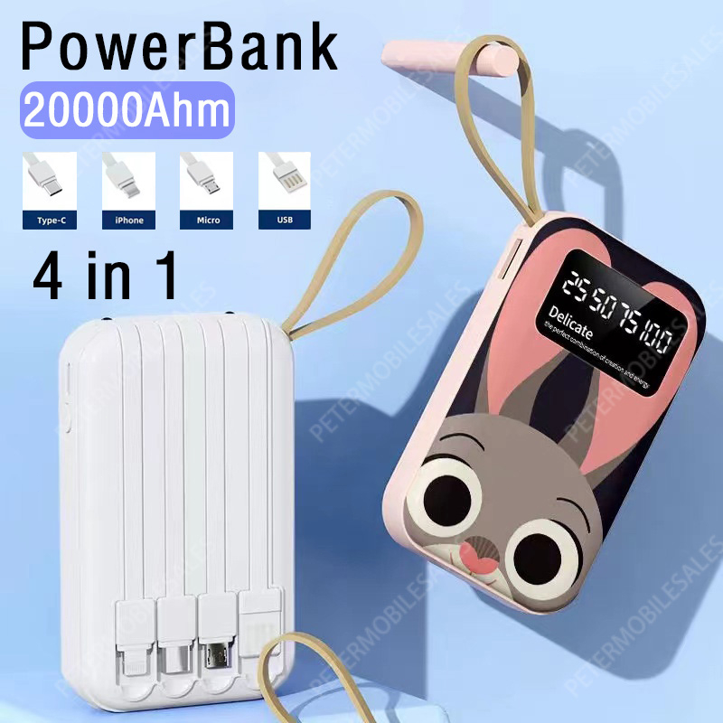 （COD）4in1 PowerBank 20000 mAh Cute Mini KartunScreen Digital Display Portable Power Bank dengan Lampu LED untuk Xiaomi iPhone Samsung Ponsel