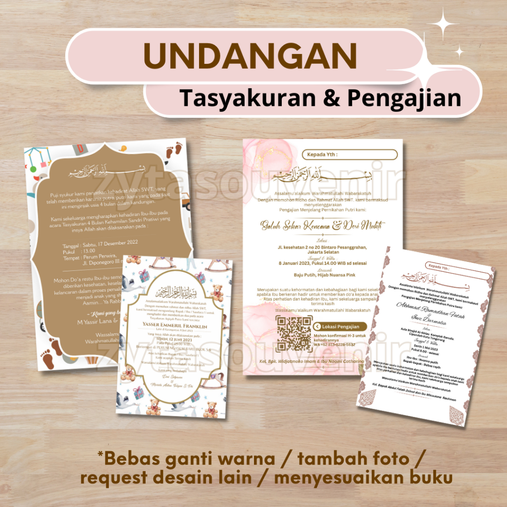 Undangan Pengajian Pernikahan &  Tasyakuran Kehamilan 4/7 Bulanan ukuran  A5 & A6