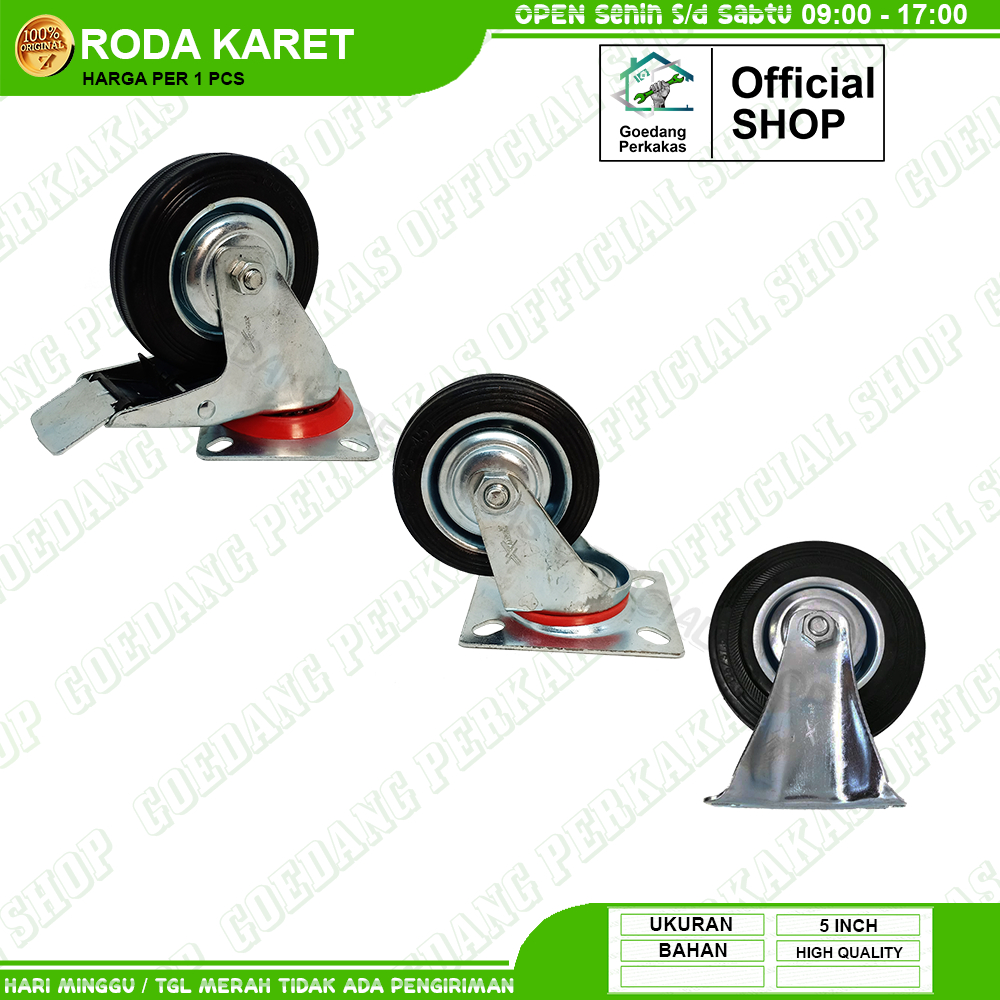 Roda Kastor Castor Troli 5 Inch Hidup Rem Roda Karet Plat Besi Tebal