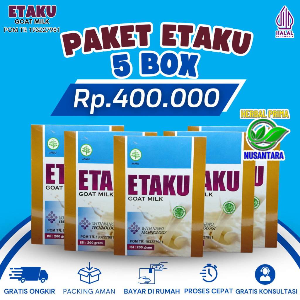 

Paket 5 Box Etaku Goat Milk - Membantu Menjaga Kepadatan Tulang, Mengatasi Nyeri Sendi, Pegal Linu dan Mencegah Osteoporosis