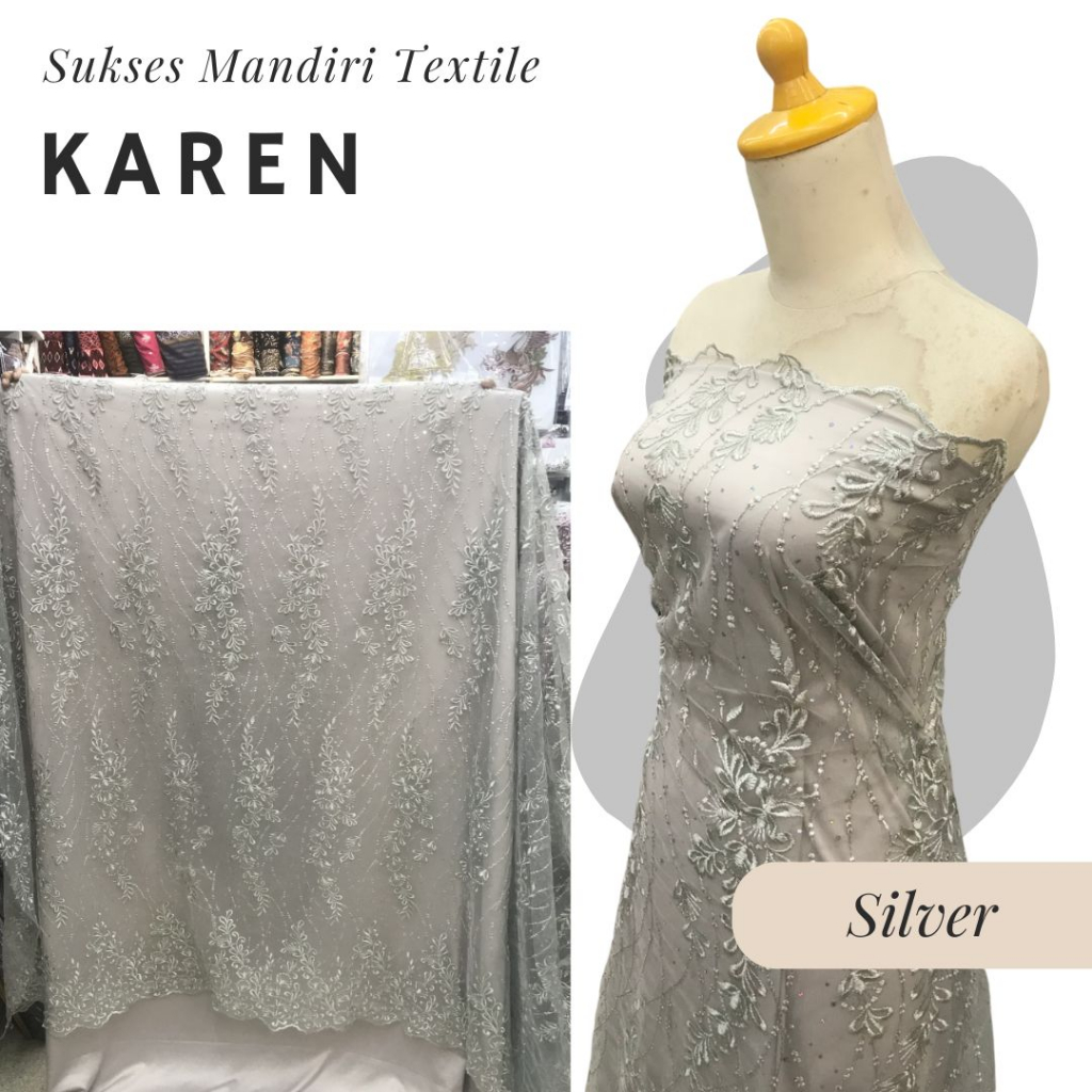 [KAREN] Brokat Brukat Tile Payet Premium Mewah Warna Abu | Harga ½ meter = 50 cm (Bahan Dress Brides