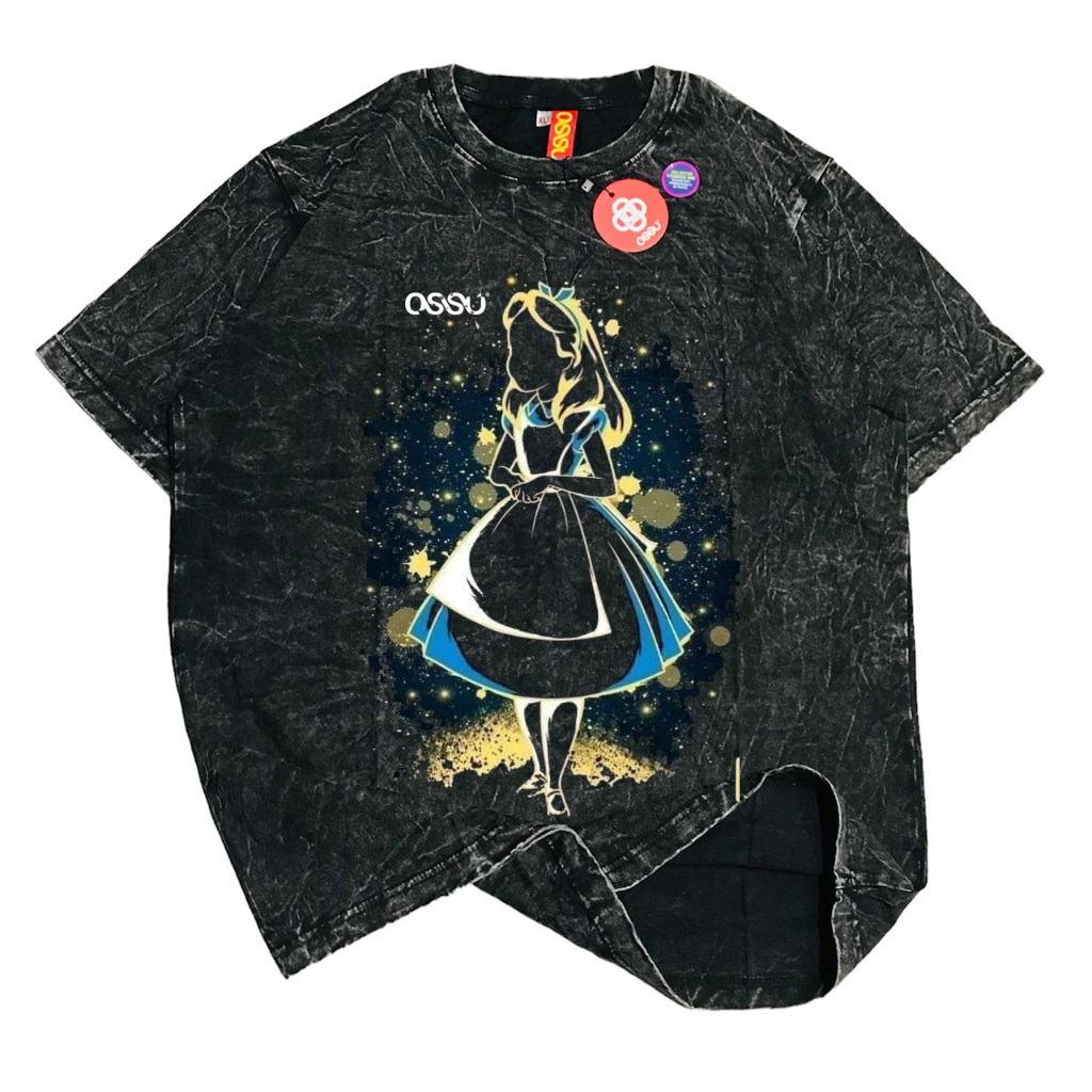OSSU TSHIRT CARTOON ALICE IN WONDERLAND SHILOUET BLACK WASHED SAND WASHING | KAOS KARTUN ALICE