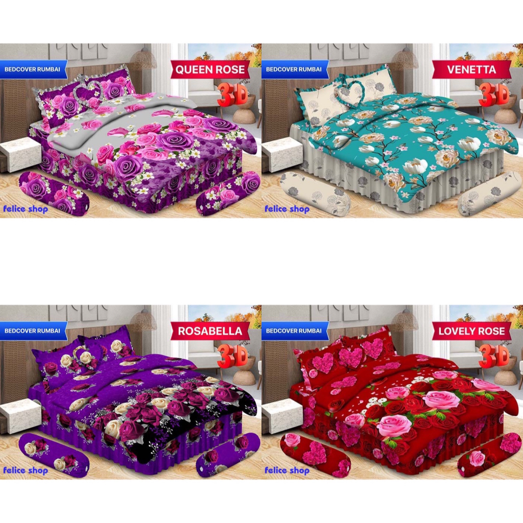Set Bedcover Bonita 3D Sprei Rumbai Ukuran 180x200cm / 6 Kaki / King Size Motif Bunga