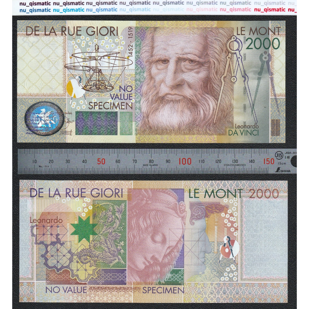 Uang Specimen Swiss Le Mont 2000, De La Rue Giori – Leonardo Da Vinci, UNC Baru Gress TANPA Serial N