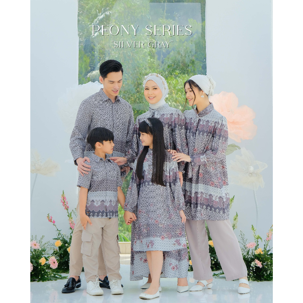 Mayoutfit Peony Set Series Silver Gray | Sarimbit Lebaran Baju Muslim Raya Keluarga