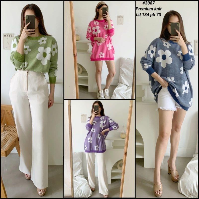 3087 Atasan/blus rajut wanita jumbo oversize motif bunga/blouse rajut flower oversize real pict