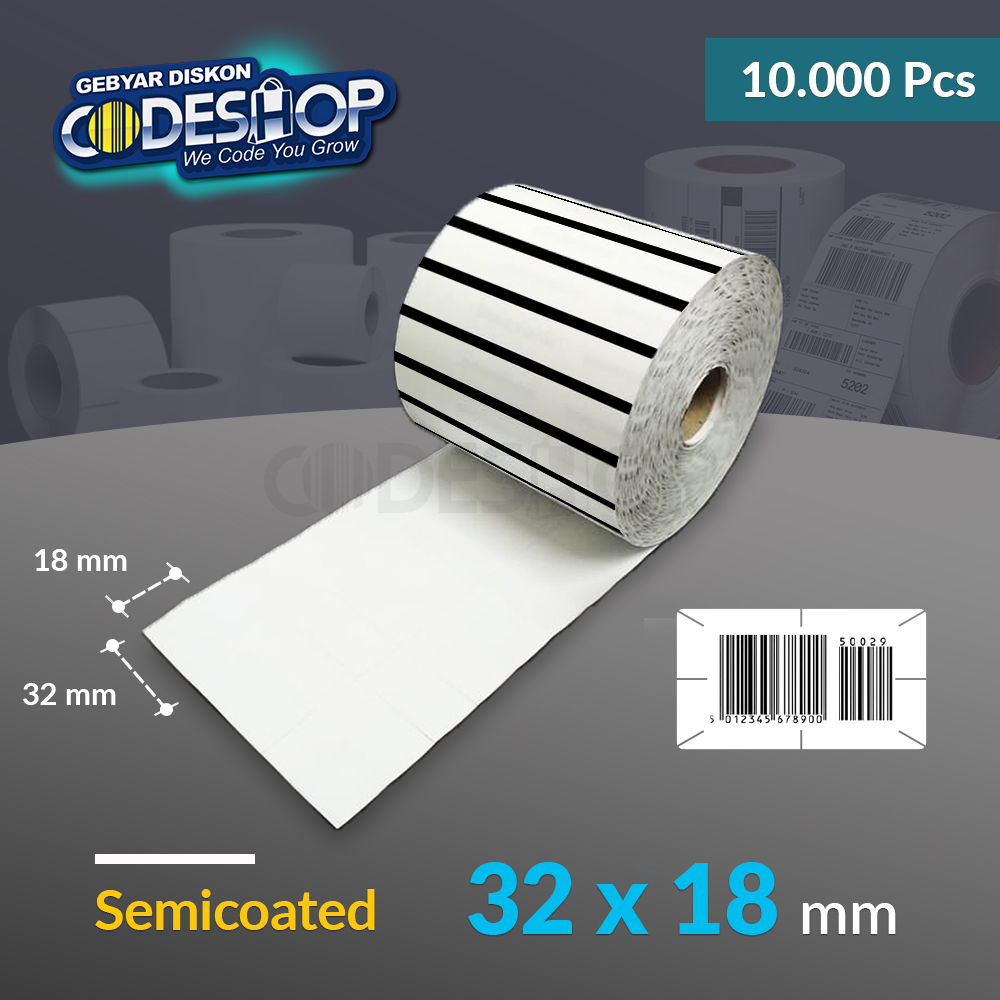 

Codeshop Label Semicoated 32 x 18 mm Blackmark Cacah 3 Line Stiker Printer Barcode Isi 10.000 Pcs