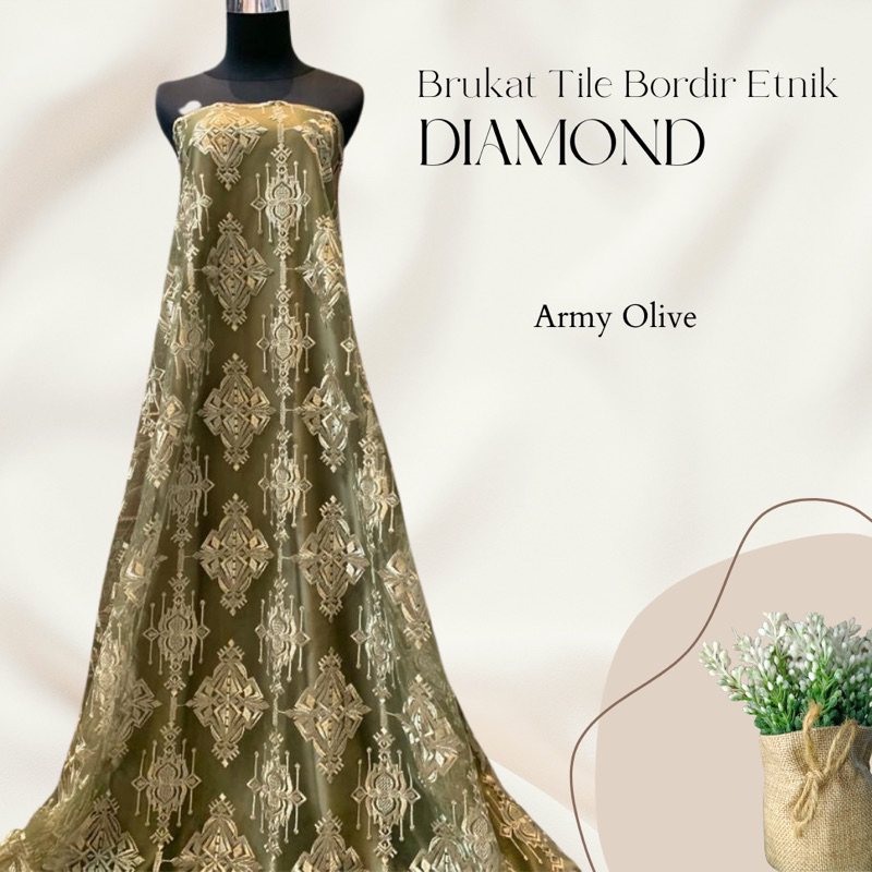 Bahan Kain Kebaya Brukat Tile Meteran Motif Diamond Ala Keraton Warna Hijau Army Olive