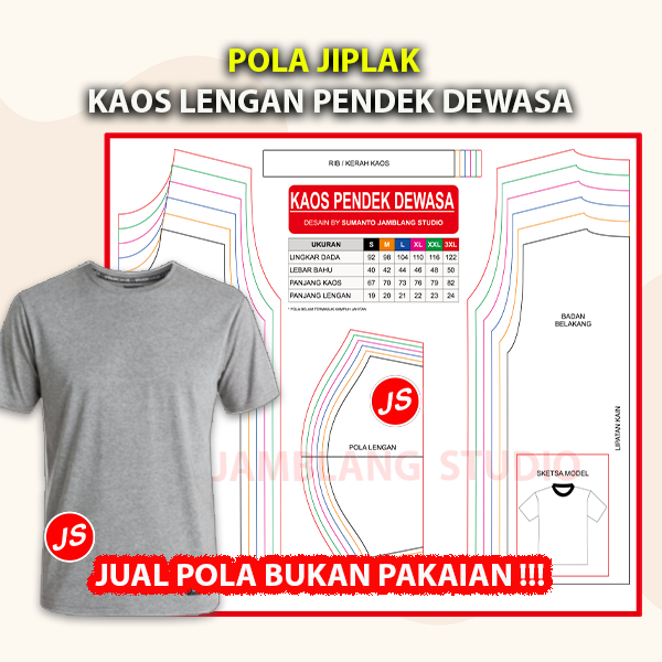 Pola Jiplak Kaos Lengan Pendek Dewasa