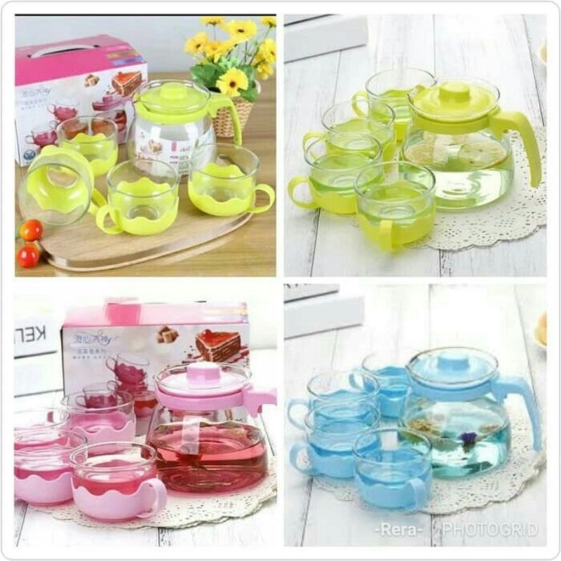 Teapot Set Warna 1 set Terdiri 4 gelas dan 1Teapot kaca
