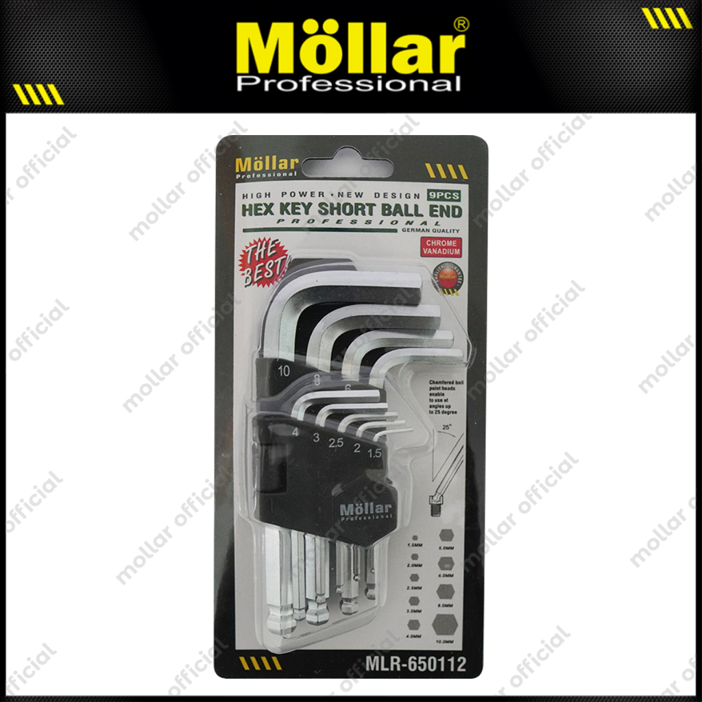 MOLLAR 650112 9 Pcs Kunci L Set Ballpoint Pendek Hex Short 1.5 - 10 mm Original