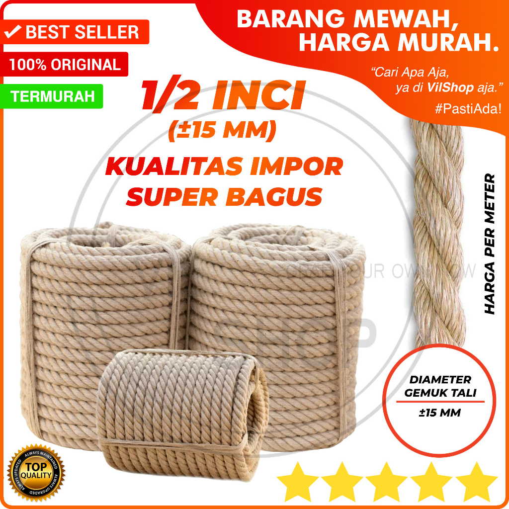 TALI MANILA 1/2 INCH 16 MM TALI KAPAL MARINE ROPE 16MM 1/2" PER METER / TALI MINYAK SERAT ABACA ABAK