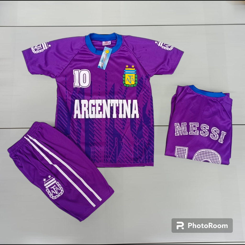 SETELAN BAJU BOLA ANAK ARGENTINA UNGU MURAH USIA 7-13THN