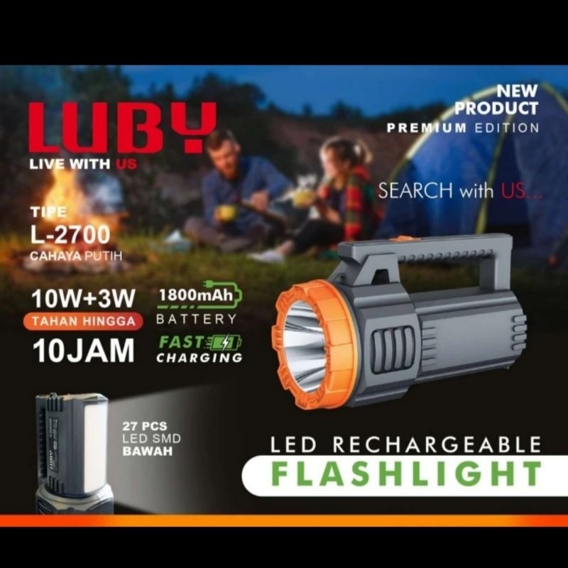 Senter cas Super terang Luby L-2700 10W + 3W Emergency rechargeable / Senter Luby L-2700 10W + 3W em