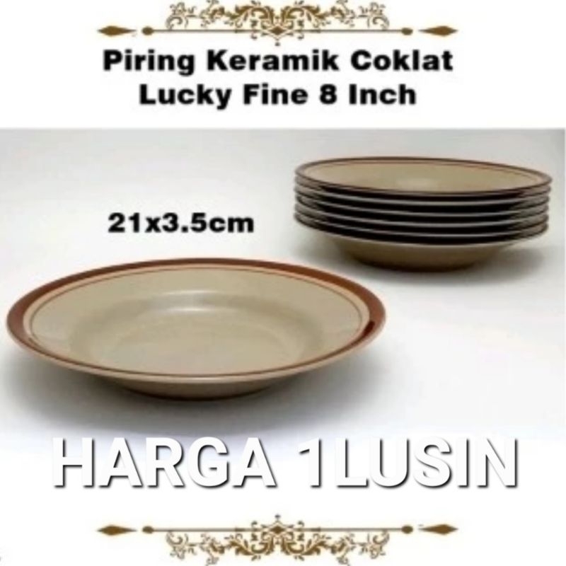Piring makan keramik tebal coklat 8 in lucky