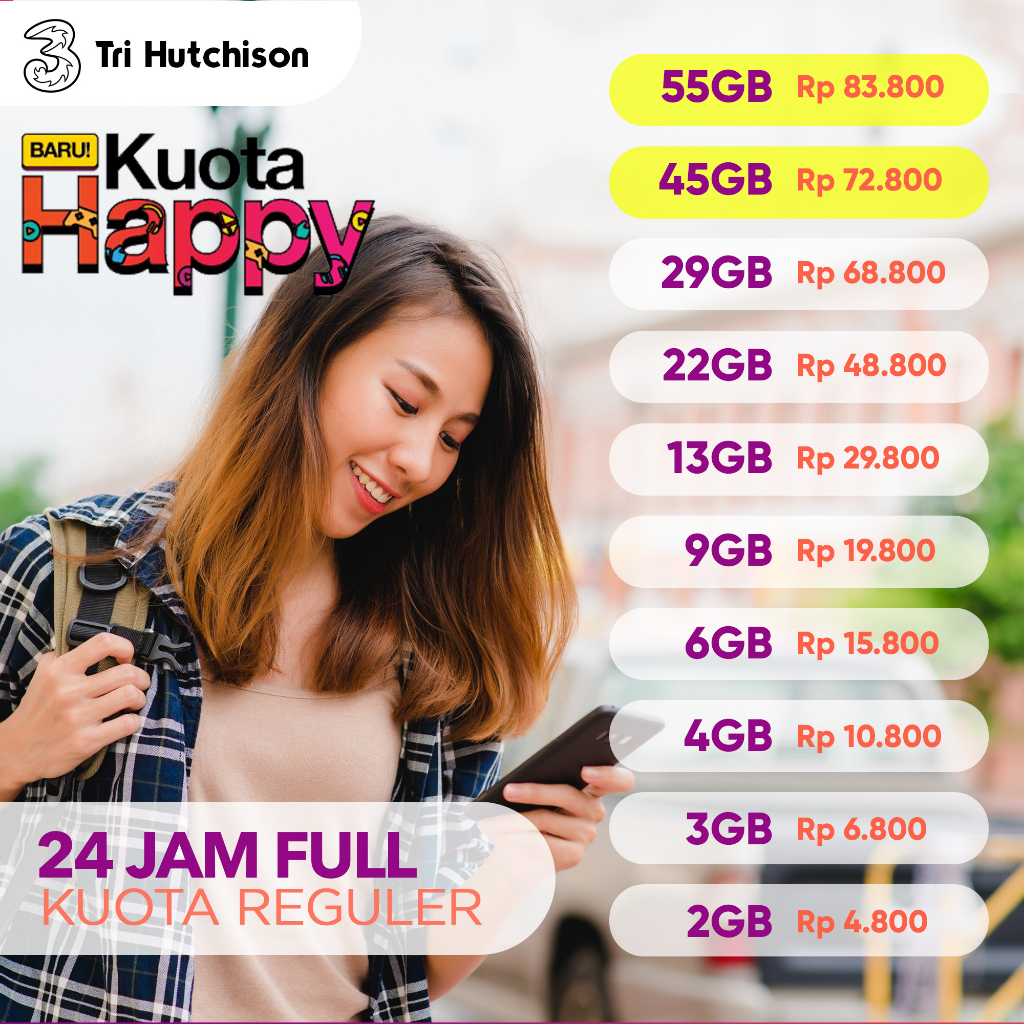 [TERLARIS] Kuota TRI - Kuota HAPPY FULL 24JAM - Paket Data Tri