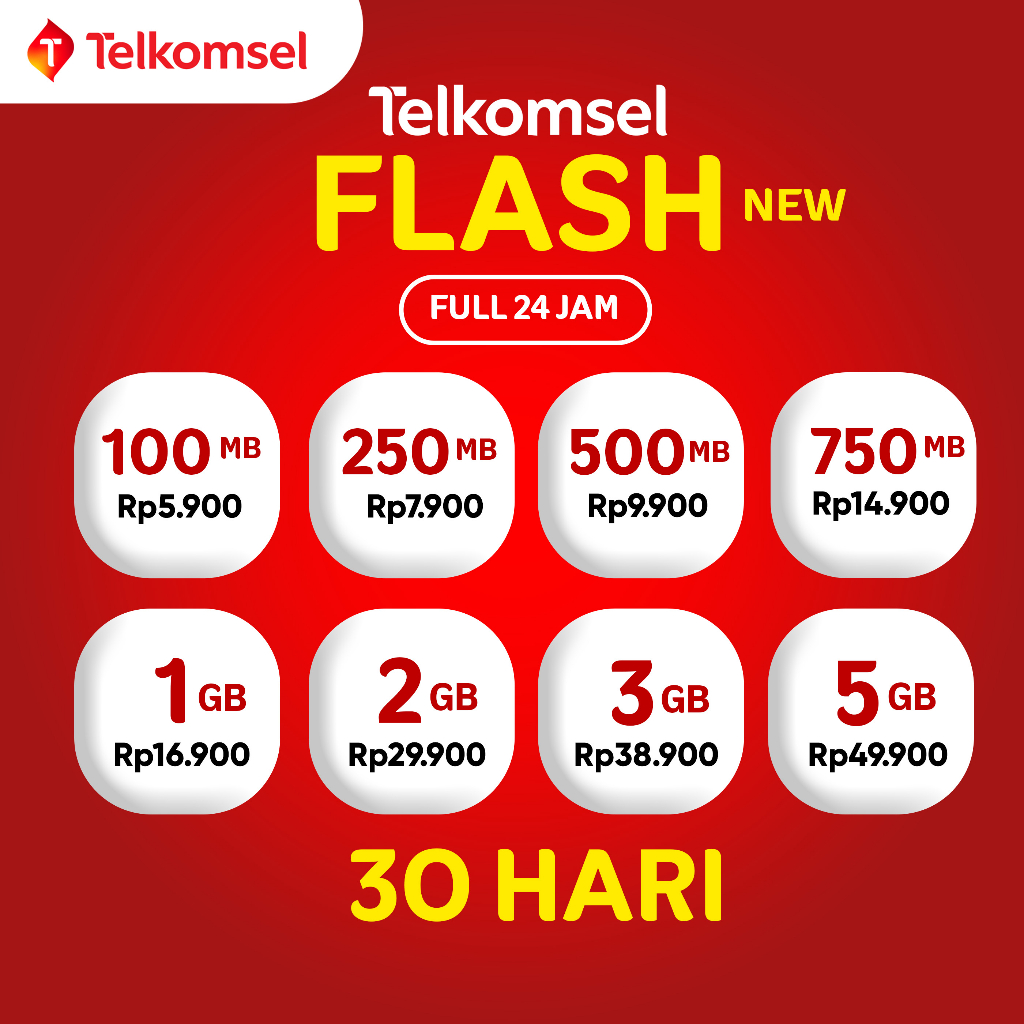 [TERMURAH] Kuota Paket Data Telkomsel FLASH FULL 24JAM - 30 HARI