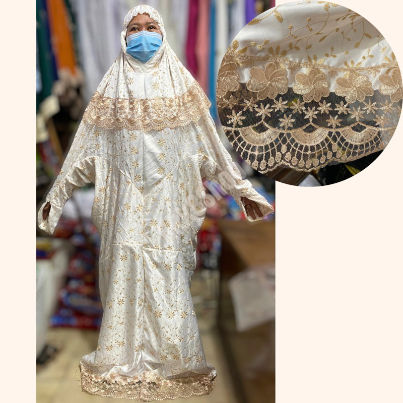 Mukena Dewasa Terusan Silk Sutra Jepang / Katun Jepang Aisyah Renda Kalung Mawar Jumbo Cantik Halus 