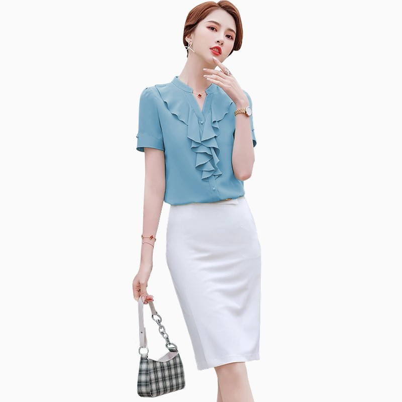 kemeja wanita lengan pendek Leher V  variasi rempel linen kerja import oversize Blouse H7R6 lengan p