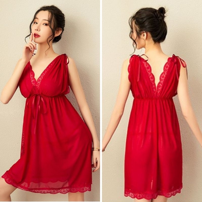 Lingerie Seksi Set D-121 Dress Piyama All Size / Big Size 2 Style Pakaian Dalam Baju Tidur Wanita Dewasa Seksi Baju Dinas Malam Panjang Import-Merah