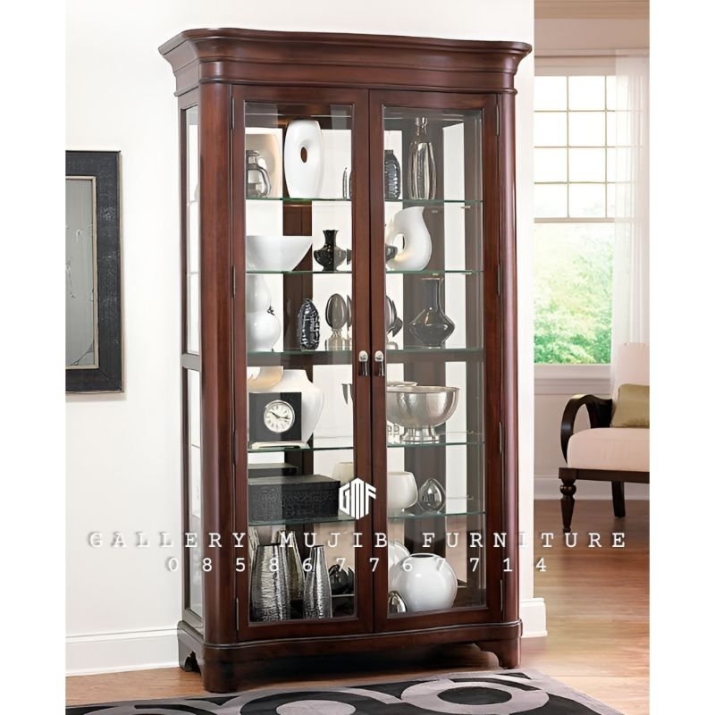 lemari hias kaca 2 pintu minimalis modern almari pajangan kayu jati