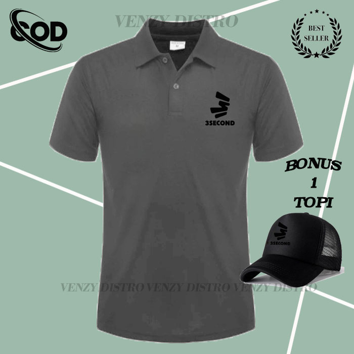 BONUS TOPI... COD T-shrit POLO kerah Dewasa Lengan Pendek Logo 3second 3 Text Hitam KAOS SHIRT PRIA 