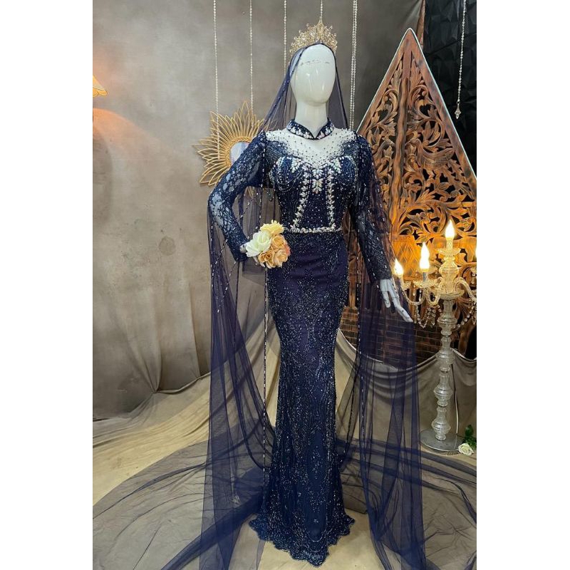 Gaun pengantin slim navy mewah