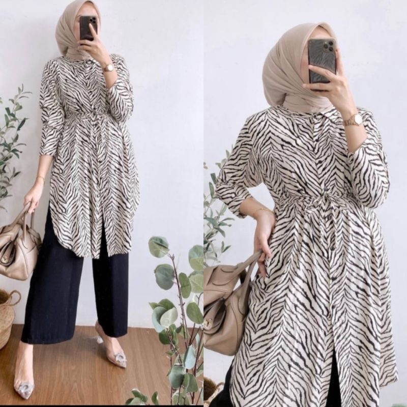 NEW ONE SET VALEYA SETELAN WANITA CELANA TUNIK BAHAN RAYON MOTIF GARIS ABSTRAK ESTETIK, OUTER KOREA