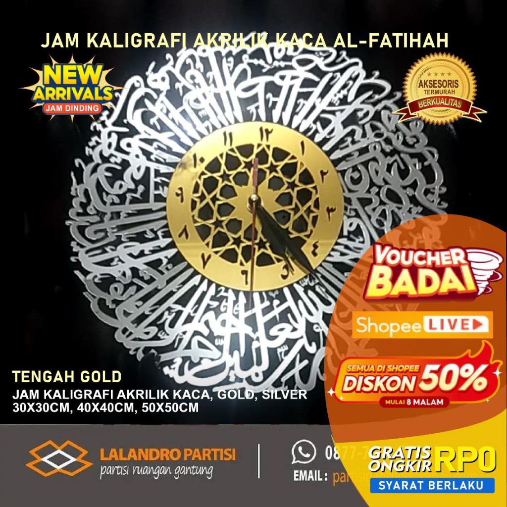 Jam Dinding Kaligrafi Al-Fatihah Mewah Bahan Akrilik Gold, Silver, Rose Gold, dan PVC