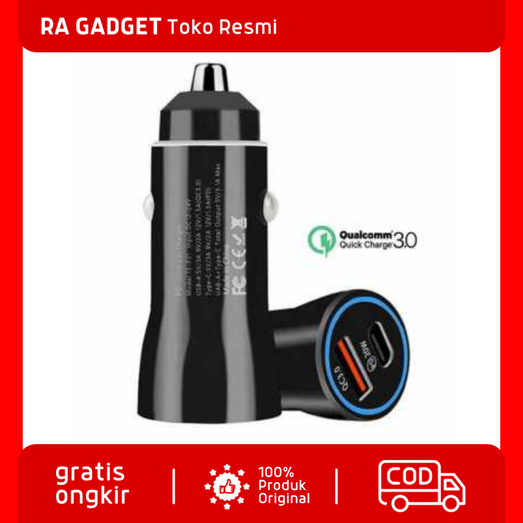 Car Charger Mobil USB Type-C Quick Charging 2 Port 38W / Adaptor Adapter Cas Mobil Aki Fast Charger 