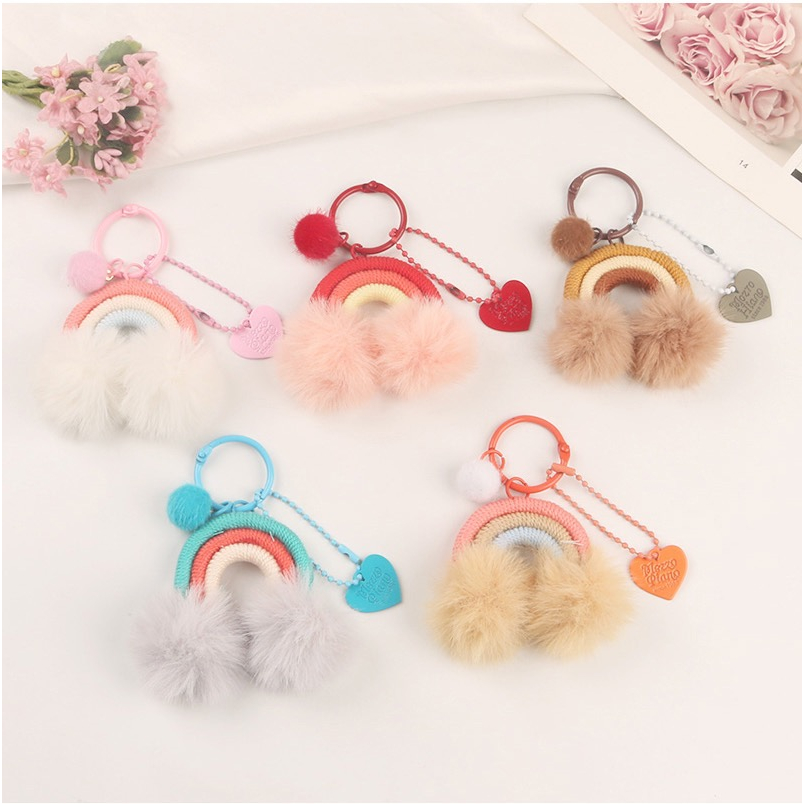 Mores Bag Charm Aksesoris Gantungan Kunci Tas Bentuk Pelangi Macrame Plush Doll Pendant Pom Pom Rainbow Pastel Import Lucu