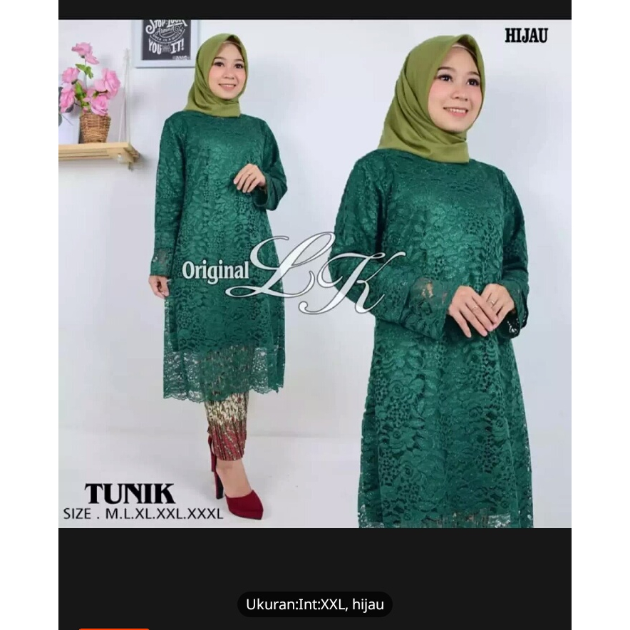 Setelan tunik kebaya brukat wanita dewasa terbaru/ set kebaya brokat modern dengan rok plisket batik