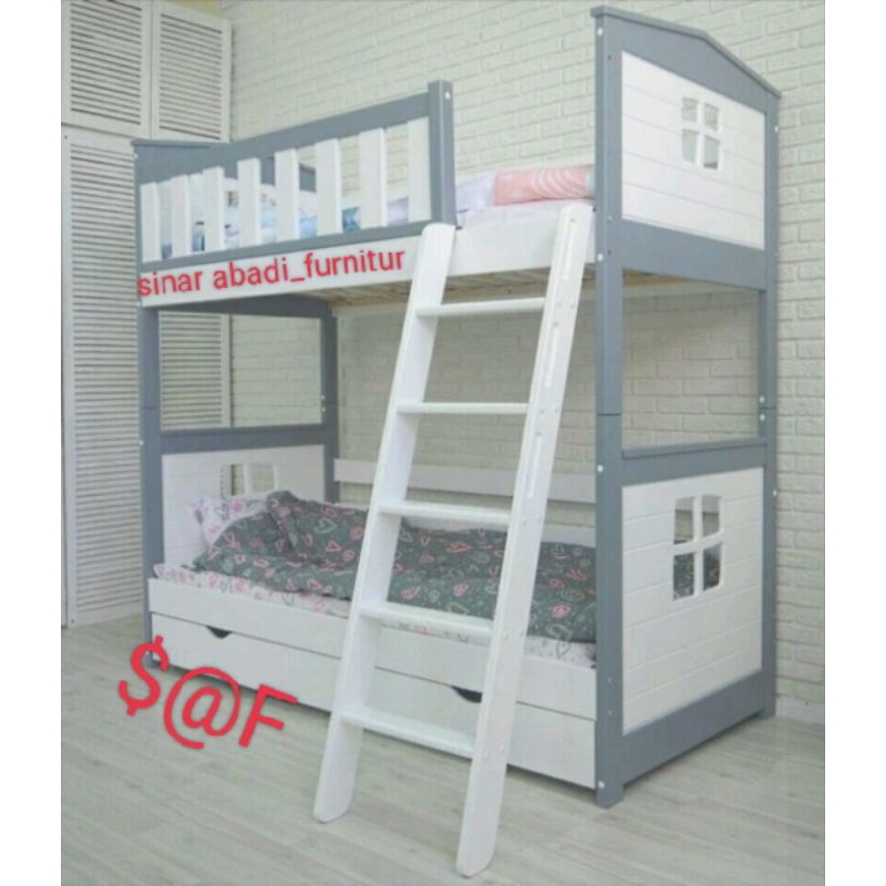 tempat tidur anak tingkat+2laci bawah kasur size 100×200×180