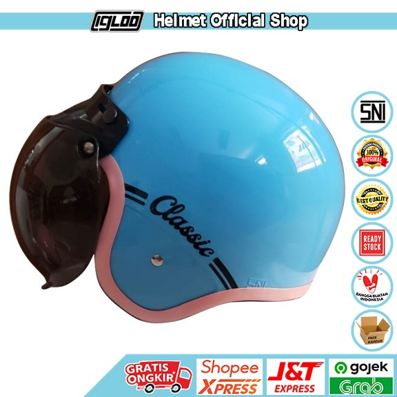 Helm Bogo Retro Leono List Pink - Classic Biru